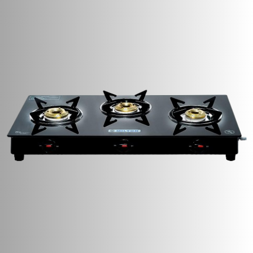 MILTON Premium 3 Burner Black Manual Ignition LPG Glass Top Gas Stove